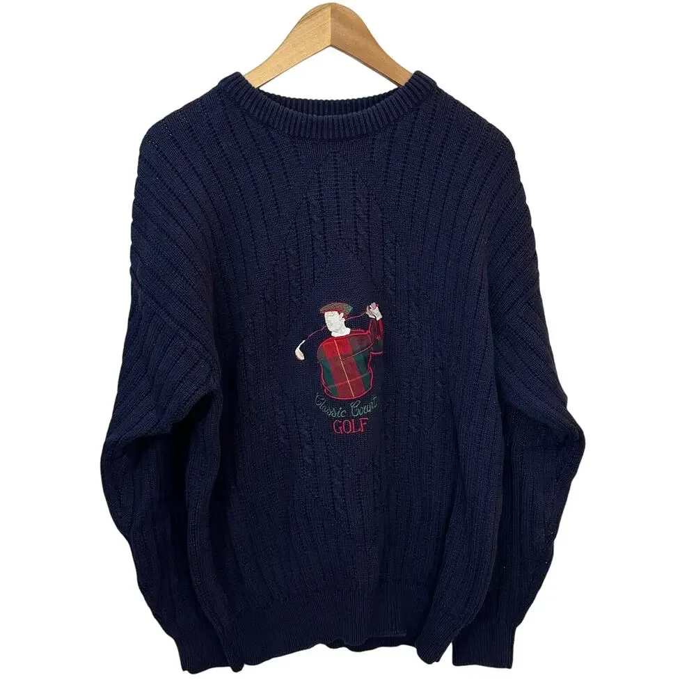 Vtg. Pringle Mens L Pullover Chunky Knit Sweater Embroidered Golf Graphic Blue